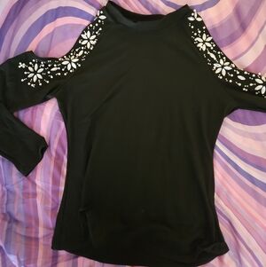 Embellished Black Cold Shoulder Top